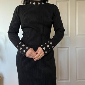 Y2K Black Ribbed Bodycon Dress Grommet Detail Long Sleeve Midi